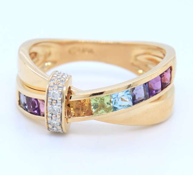 Fantastic 18kt Yellow Gold Guy Laroche Multi Gemstone and Diamond Bypass Ring