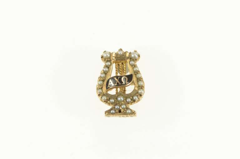 10K Yellow Gold Alpha Chi Omega Enamel Seed Pearl Harp Pin/Brooch