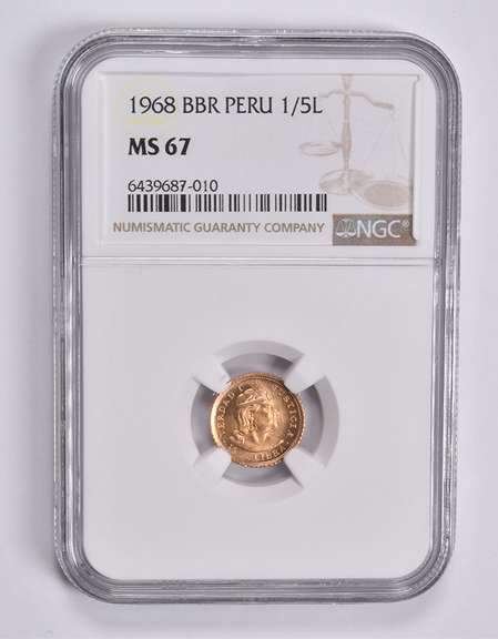 MS67 1968 BBR Peru 1/5 Lima Gold Coin NGC