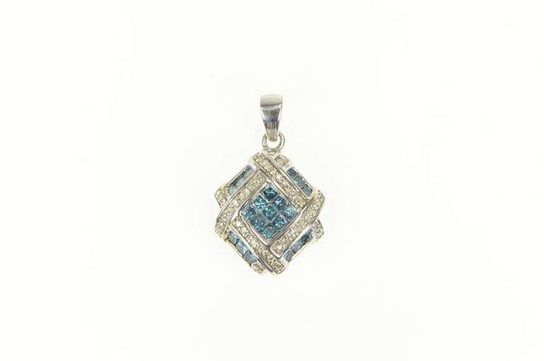 14K White Gold 2.50 Ctw Princess Blue & White Diamond Cluster Pendant