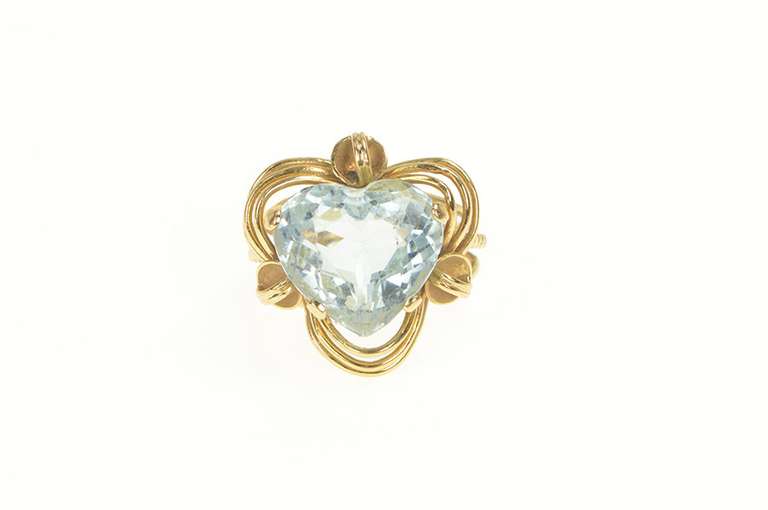 14K Yellow Gold 1950's Blue Topaz Ornate Heart Love Symbol Ring