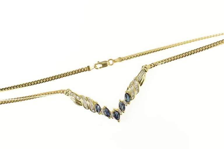 14K Yellow Gold Marquise Natural Sapphire Diamond Chevron Necklace