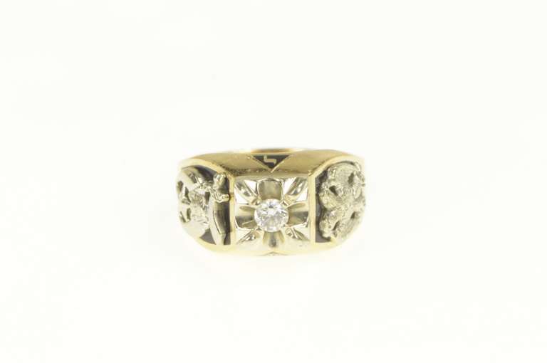 18K Yellow Gold 0.25 Ct Diamond Mens Squared Masonic Shriners Ring