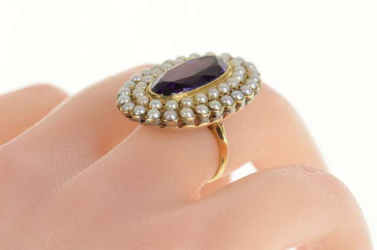 14K Yellow Gold Amethyst Seed Pearl Halo Statement Cocktail Ring