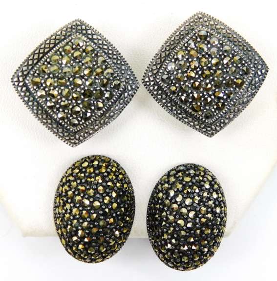 2 Pairs of Sterling Marcasite Clip Earrings