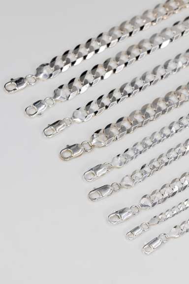 Sterling Silver - Italy Stamped - Super Flat Diamond-Cut Curb Lot - 9 Chains - 5.1mm to 11.3mm Wide - Mixed Necklace Lengths