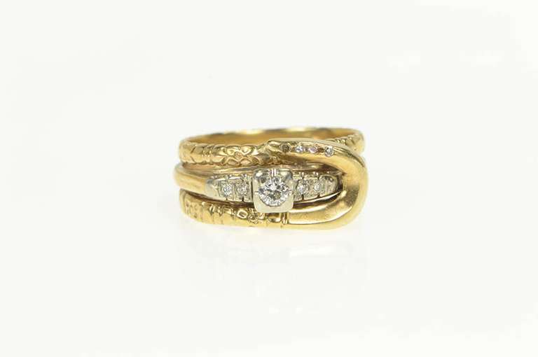 14K Yellow Gold 1940's Diamond Artisan Snake Engagement Set Ring