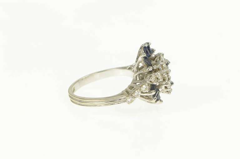 14K White Gold 1.55 Ctw Sapphire Diamond Swirl Retro Statement Ring