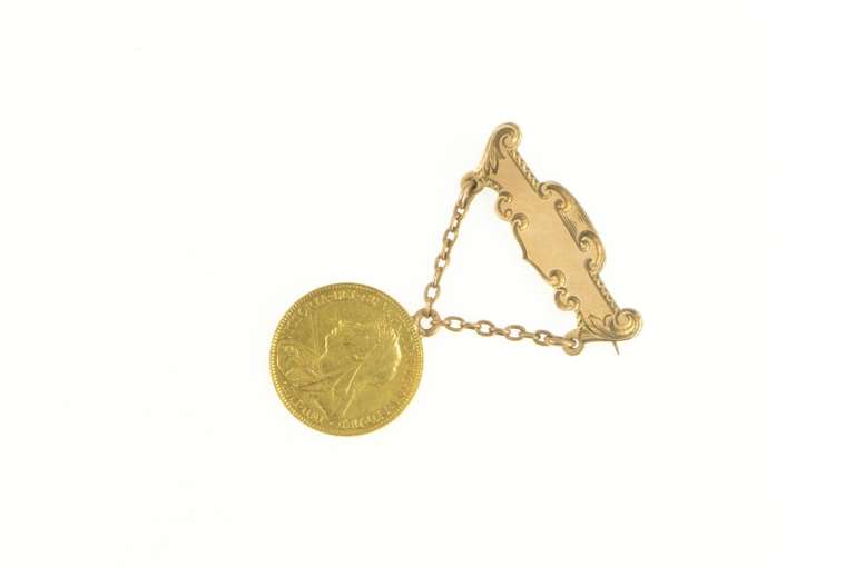 10K Yellow Gold 1894 Great Britain Gold Half Sovereign Coin Pin/Brooch