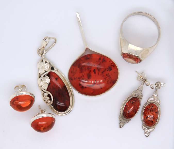 Group Lot of Vintage 925 Sterling Silver Amber Jewelry