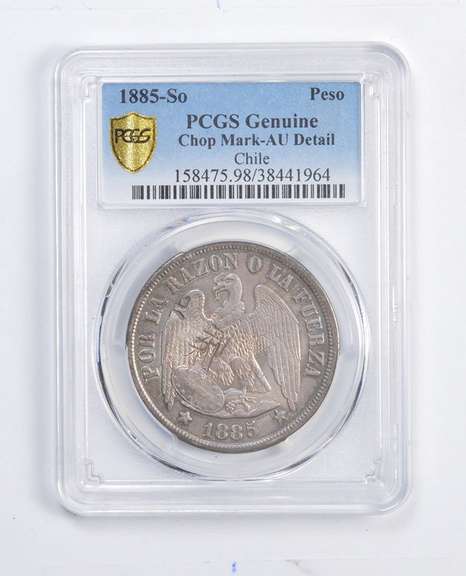 Genuine AU Detail 1885-So Chile 1 Peso - Chop Mark - Graded PCGS
