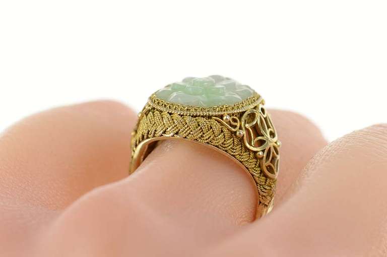 Silver Carved Floral Jade Ornate Woven Filigree Ring