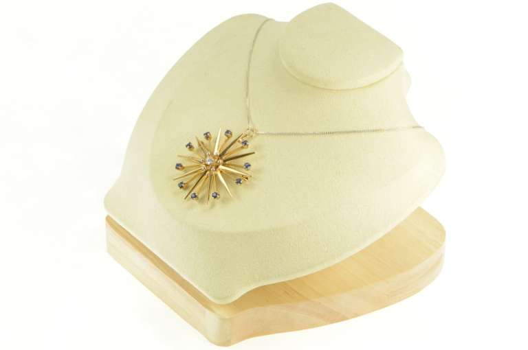 14K Yellow Gold 1950's Diamond Sapphire Sun Burst Star Pin/Brooch