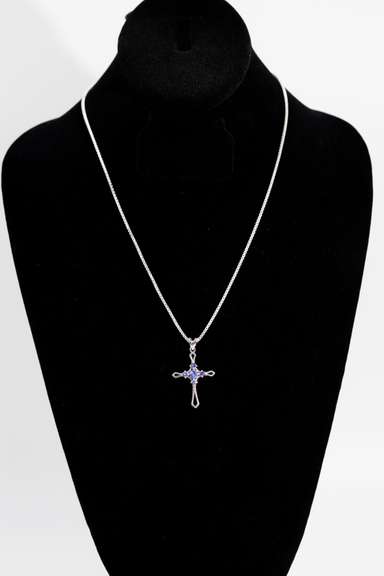 .925 Sterling Silver Cross w/ Tanzanite Gem Stones 38mm x 24mm