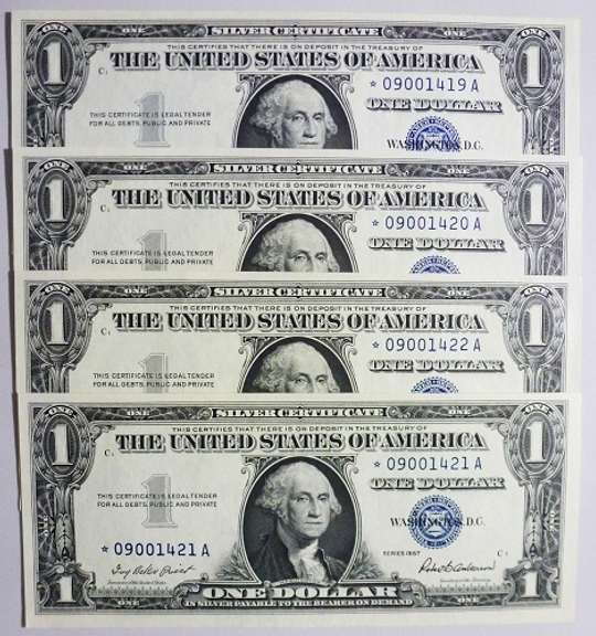 (4) Superb Crisp 1957 $1 Star Replacement Silver Certificates-Consecutive!