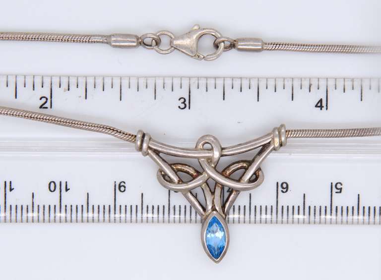 Vintage 925 Sterling Silver Blue Cubic Zirconia Pendant Necklace