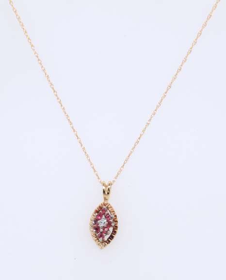 Gorgeous Two Tone Diamond and Ruby Marquise Shaped Pendant on Chain