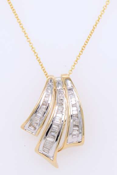 Powerful Yellow Gold Baguette Fan Slide Diamond Pendant on Chain