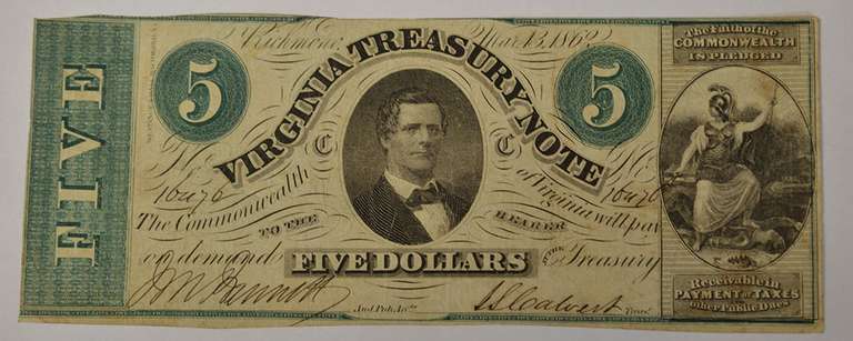 May 13th 1862 $5 Virginia Treasury Note, Circulated.