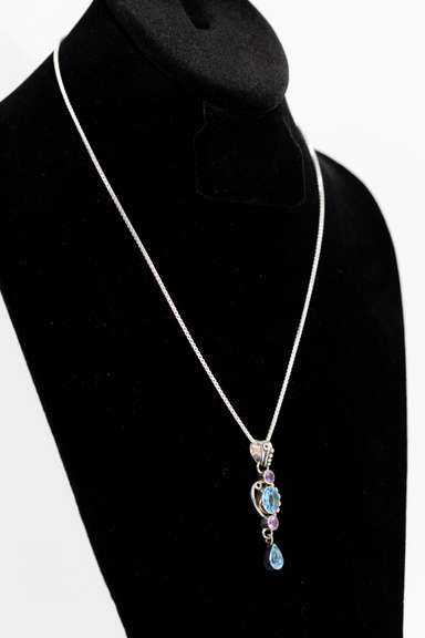 .925 Sterling Silver Pendant w/ Blue Topaz & Amethyst Gem Stones 50mm x 15mm