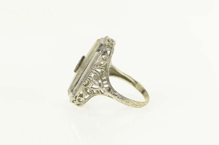 14K White Gold Art Deco Camphor Glass Filigree Diamond Ring