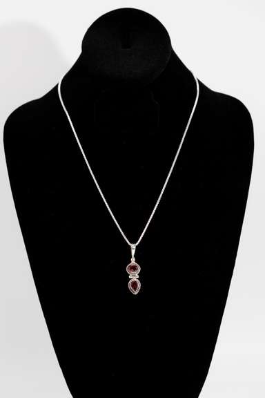 .925 Sterling Silver Pendant w/ Garnet Gem Stones 42mm x 12mm