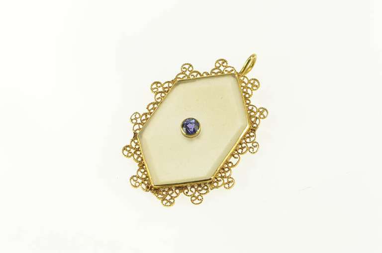 14K Yellow Gold Camphor Glass Filigree Trim Sapphire Pendant