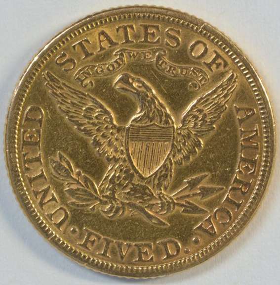 Upper end 1881 US $5 Liberty Gold Piece. Full strike