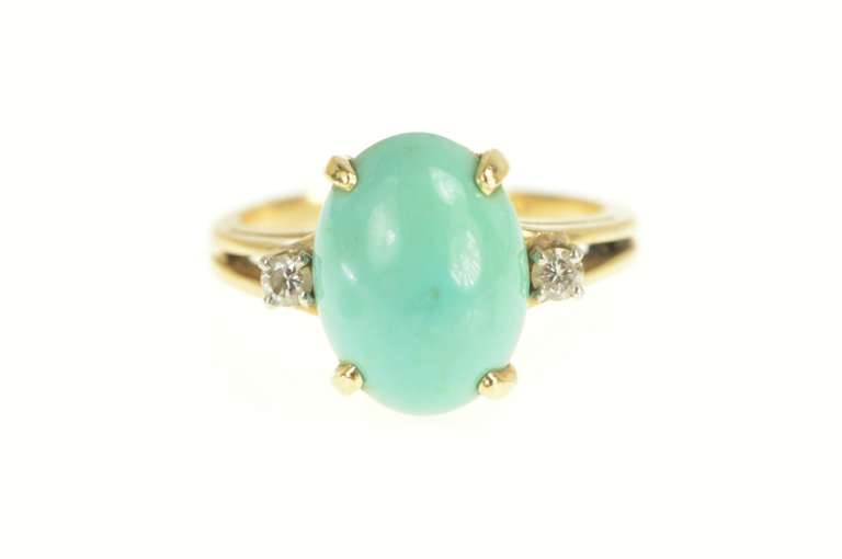 14K Yellow Gold Oval Turquoise Diamond Accent Statement Ring