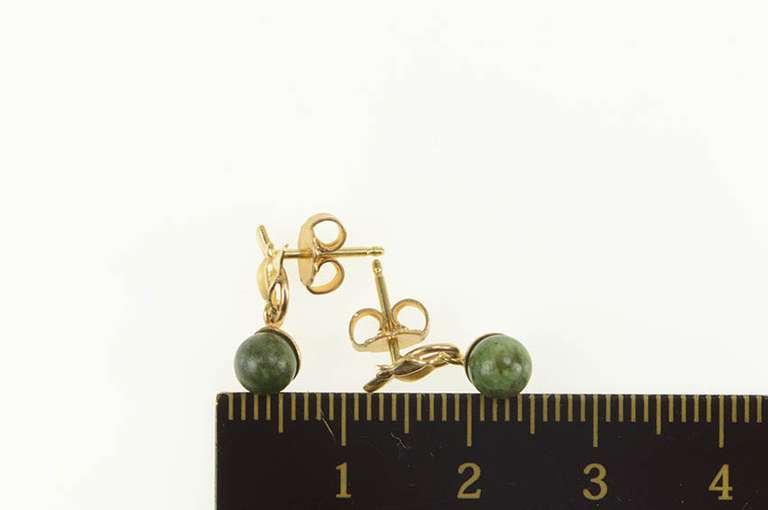 14K Yellow Gold Retro Butterfly Nephrite Sphere Ball Dangle Earrings