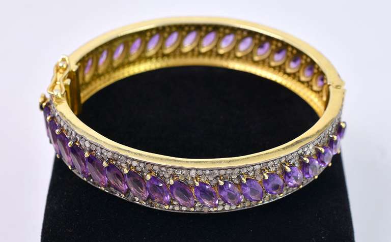 Spectacular 15.50CTW Marquise Cut Amethyst & 5.20CTW Diamond Bangle Bracelet in Gold Plated Sterling Silver