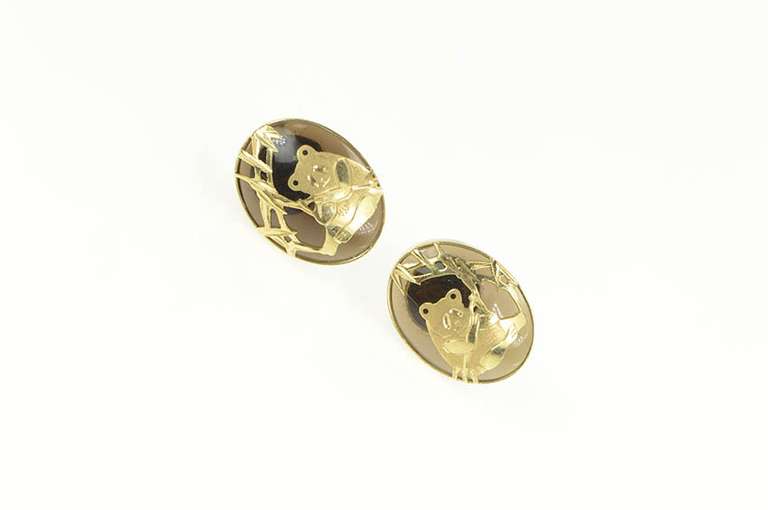 14K Yellow Gold Oval Smoky Quartz Panda Bamboo Motif Earrings