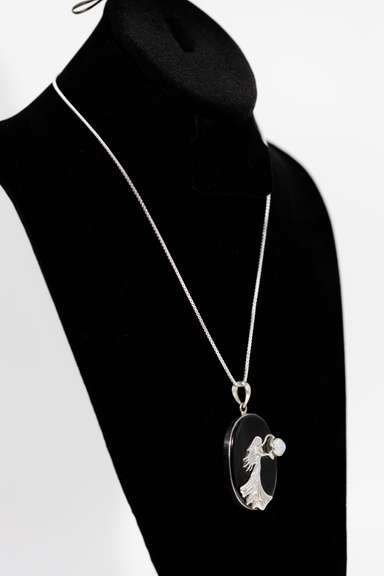 .925 Sterling Silver Pendant w/ Black Onyx & Moon Gem Stones 63mm x 32mm