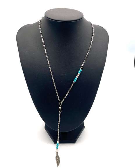 Feather and Turquoise Beaded Drop Necklace
