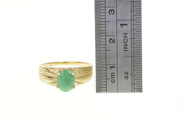 10K Yellow Gold Oval Natural Emerald Grooved Engagement Ring