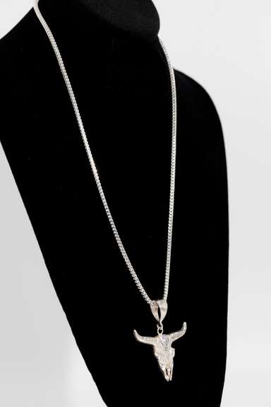 .925 Sterling Silver Long Horn Bull Pendant 56mm x 46mm
