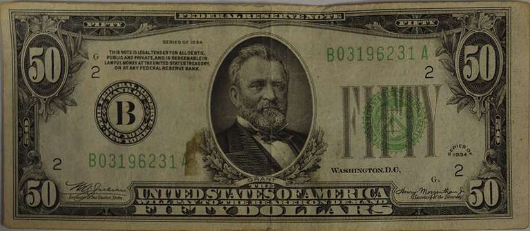 Series Of 1934 $50 Federal Reserve Note, Circulated.