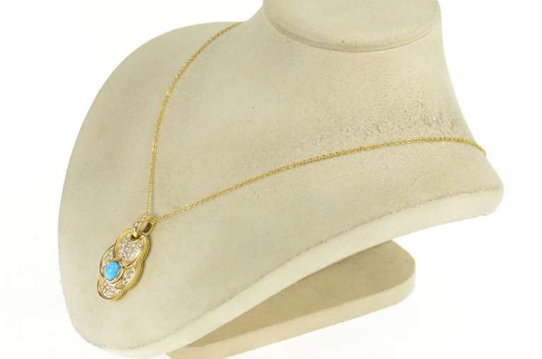 18K Yellow Gold Pave CZ Ornate Turquoise Scalloped Statement Pendant