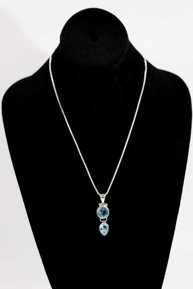 .925 Sterling Silver Pendant w/ Natural Blue Topaz Gem Stones 46mm x 14 mm