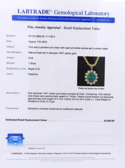 Pleasing Yellow Gold Oval Opal and Diamond Pendant on Wheat Chain