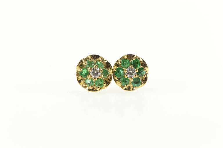 14K Yellow Gold Emerald Flower Diamond Accent Stud Earrings