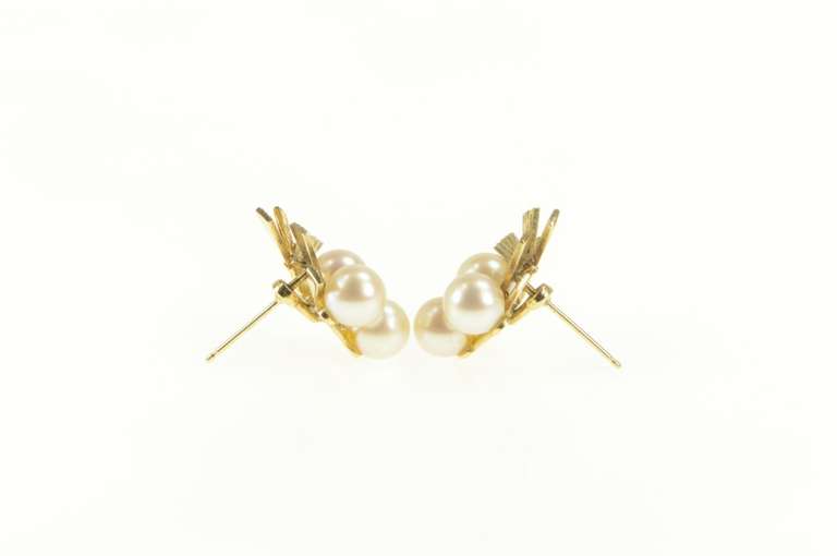 14K Yellow Gold Pearl Cluster Retro Geometric Statement Earrings