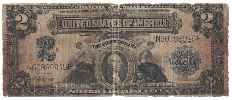 1899 $2 US Paper Money Two Dollar Silver Certificate Banknote