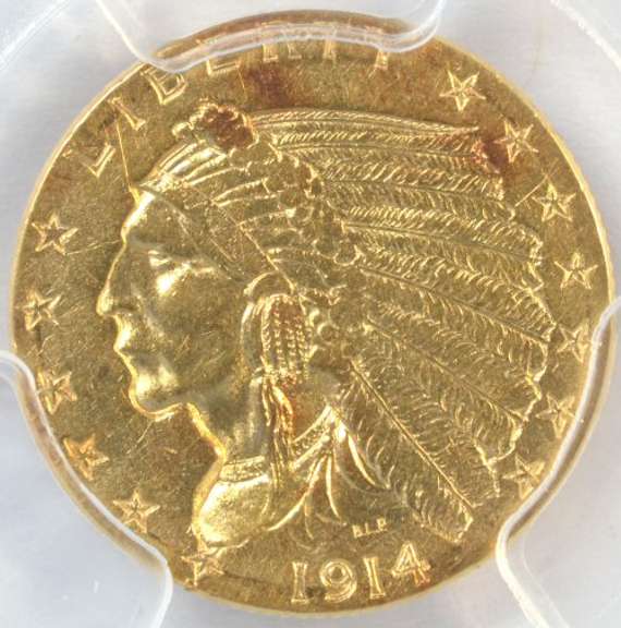 Near Mint key date 1914-P $2.50 Indian Gold Piece. PCGS AU53