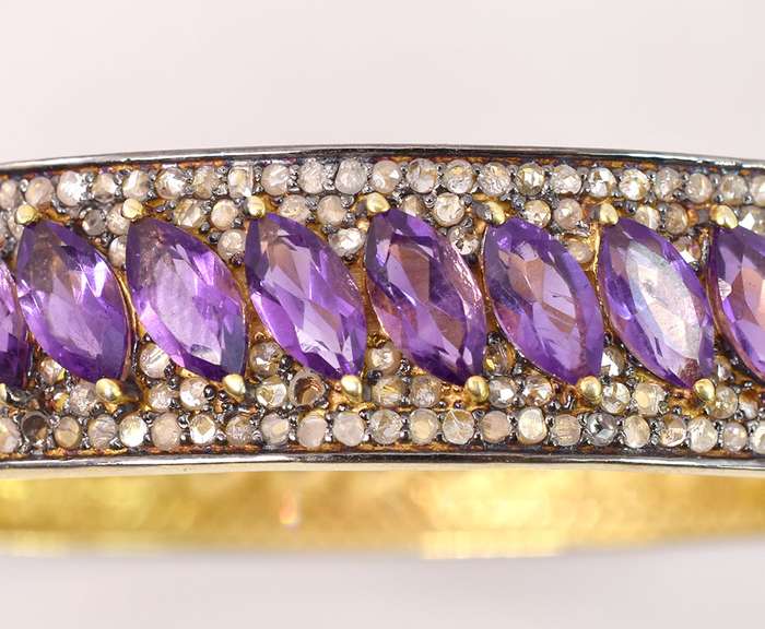 Spectacular 15.50CTW Marquise Cut Amethyst & 5.20CTW Diamond Bangle Bracelet in Gold Plated Sterling Silver