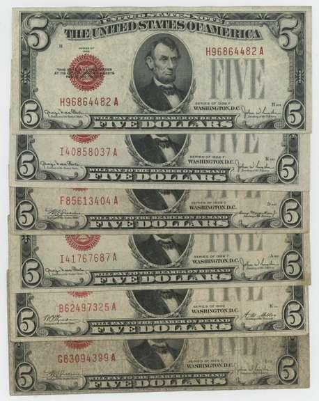 6 Scarcer Series of 1928 $5 Red Seal Notes