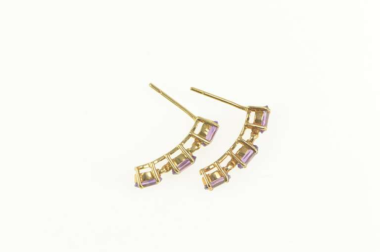 14K Yellow Gold Three Stone Oval Amethyst Curved Bar Earrings