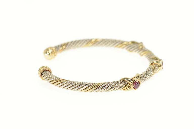 Sterling Silver 14K Two Tone Ruby X Twist Designer Cuff Bracelet