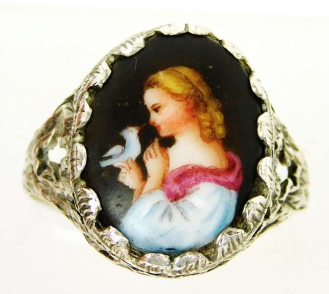 Vintage English Sterling Handpainted Ring, Size 11.75
