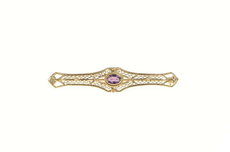 14K Yellow Gold Victorian Amethyst Ornate Filigree Bar Pin/Brooch